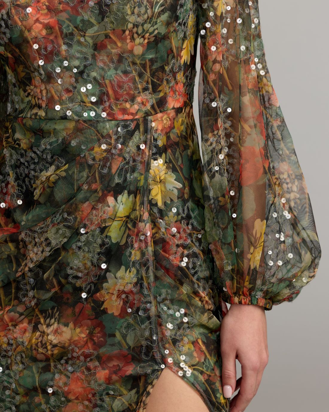 Black Multicolor Floral Sequined Puff Sleeve Gown
