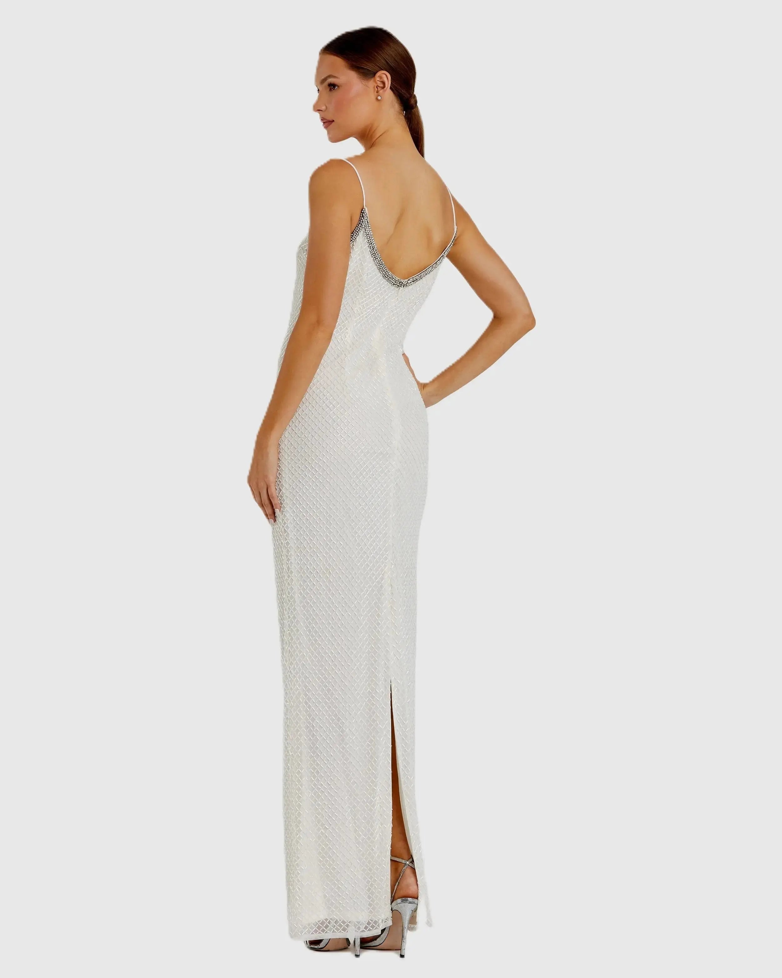 White Beaded Spaghetti Strap Column Gown