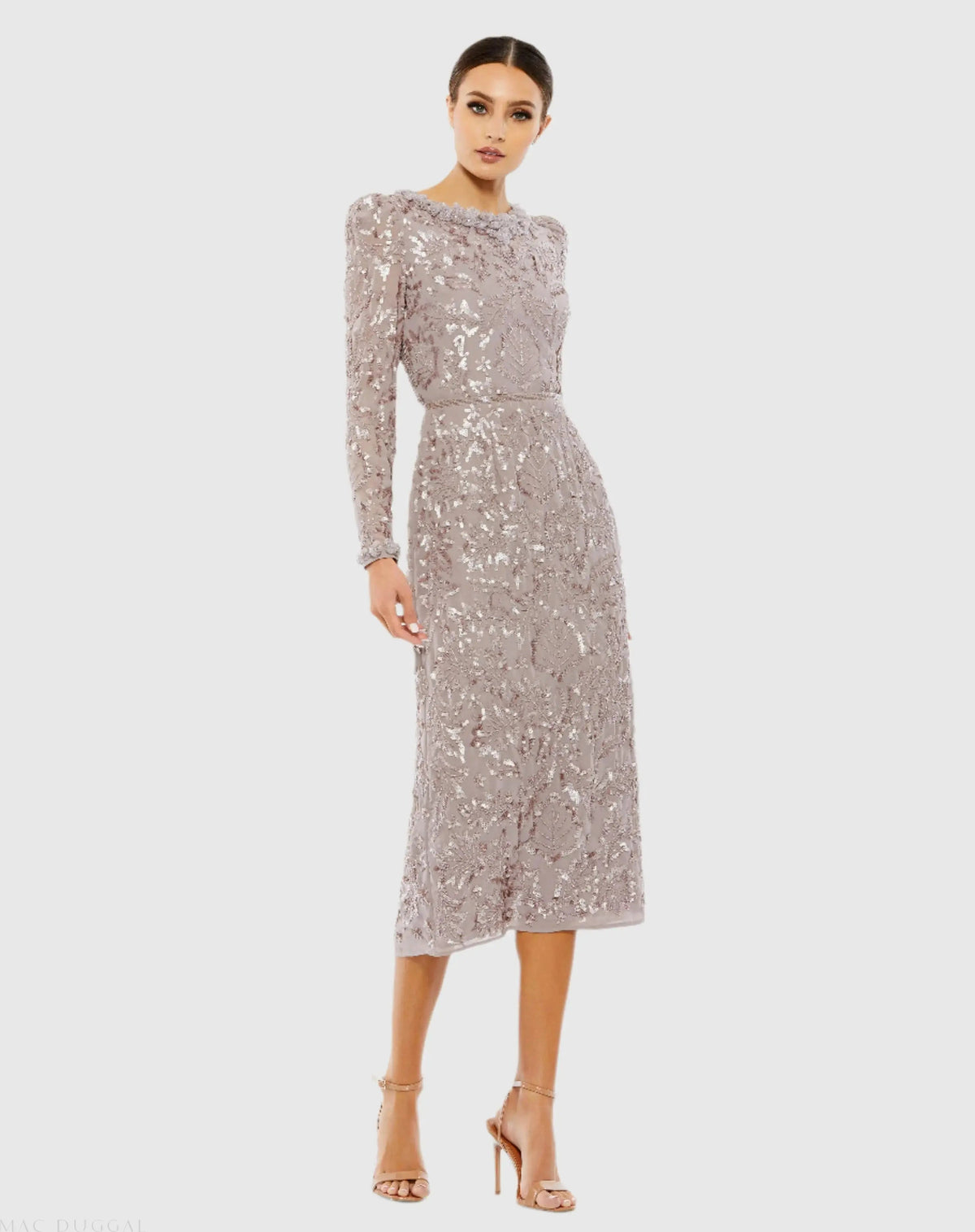 Light Purple Embellished High Neck Long Sleeve Midi Dress