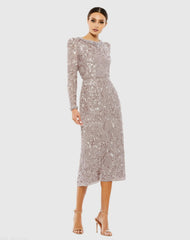 Light Purple Embellished High Neck Long Sleeve Midi Dress