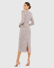 Light Purple Embellished High Neck Long Sleeve Midi Dress
