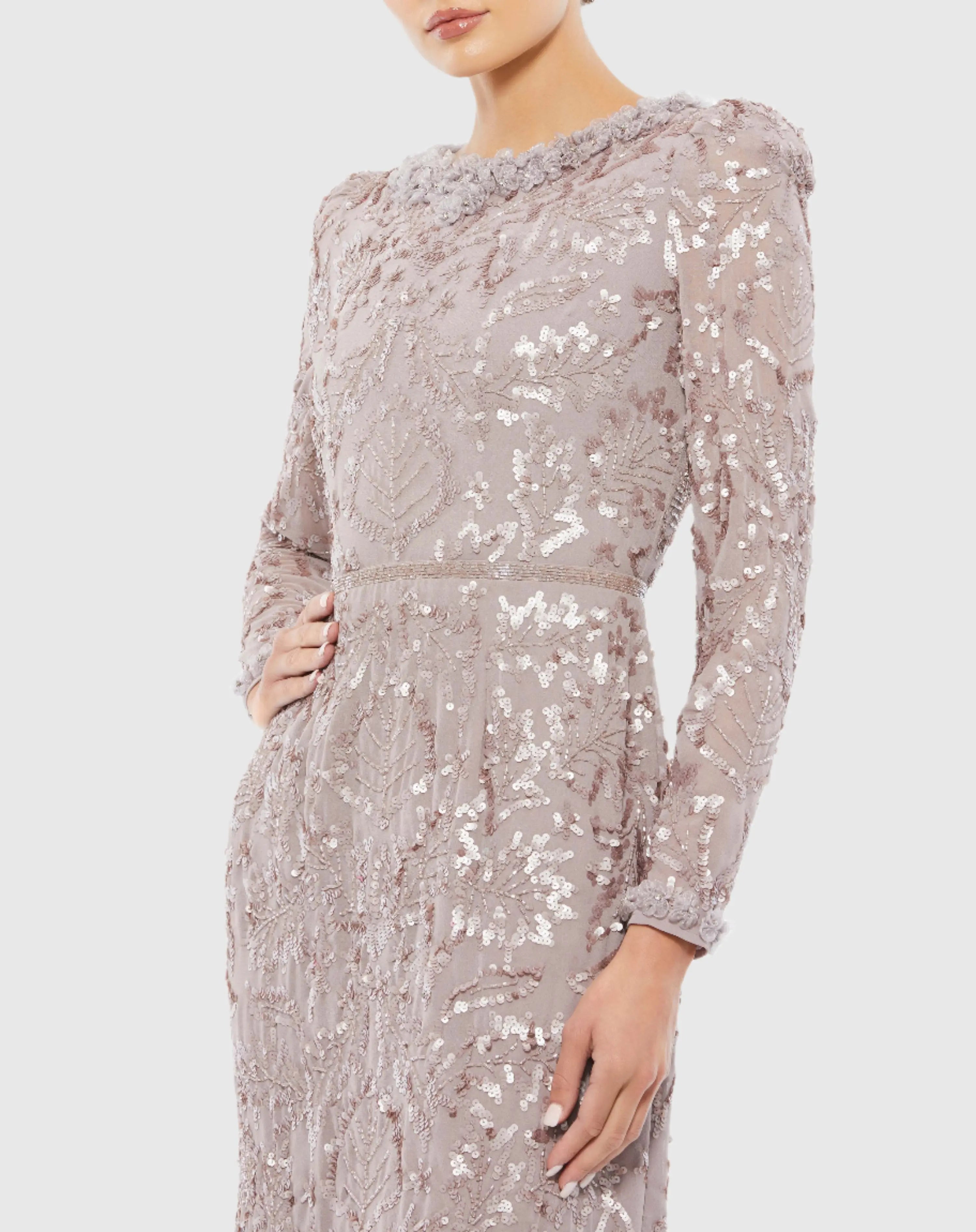 Light Purple Embellished High Neck Long Sleeve Midi Dress