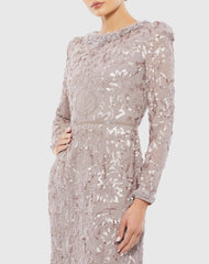 Light Purple Embellished High Neck Long Sleeve Midi Dress