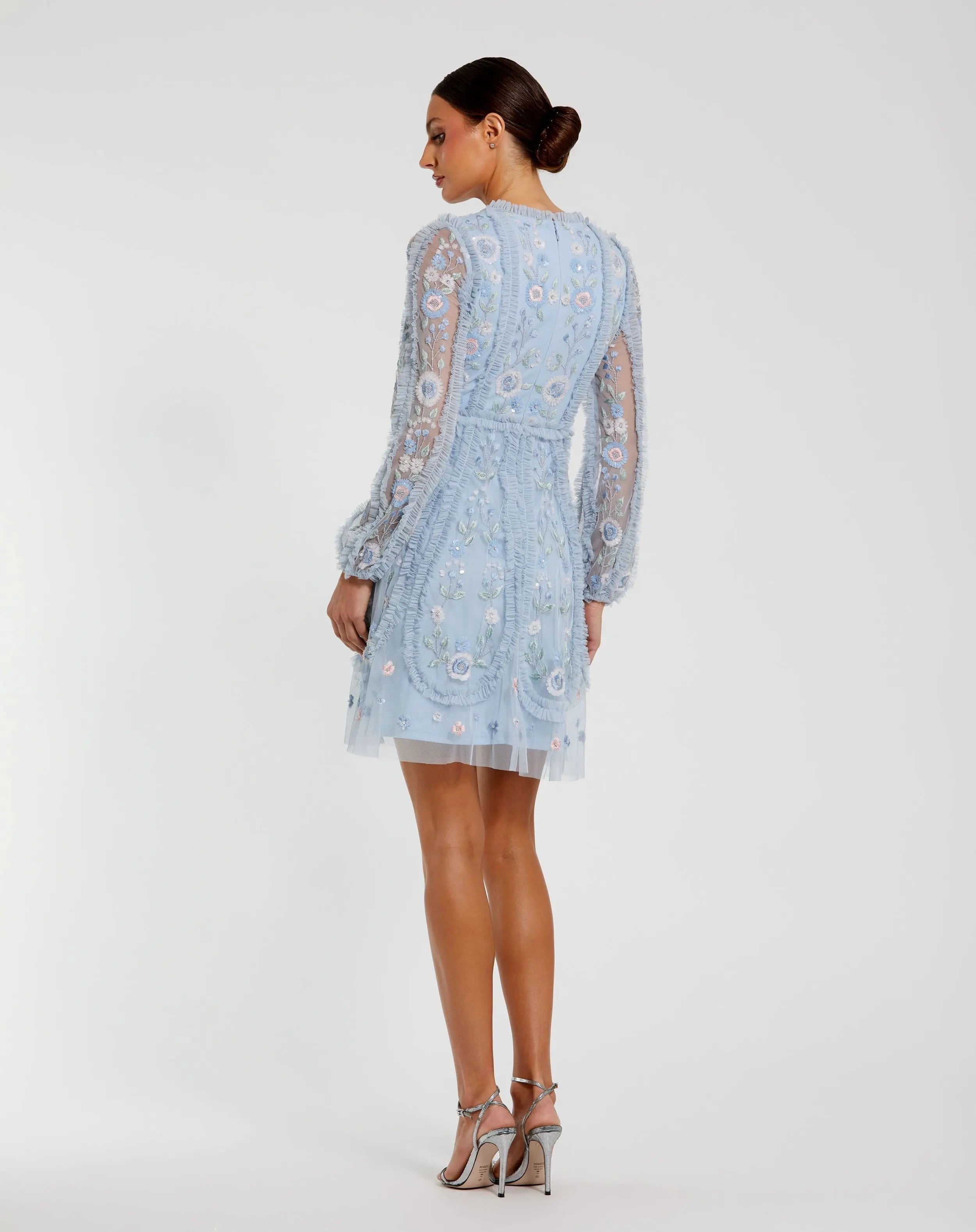 Blue Floral Long Sleeve Micro Ruffle Mini Dress