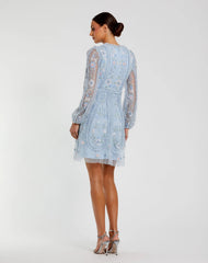 Blue Floral Long Sleeve Micro Ruffle Mini Dress