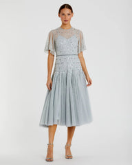 Blue Flutter Sleeve Beaded Tea Length Drop Waist Dress - FINAL SALE