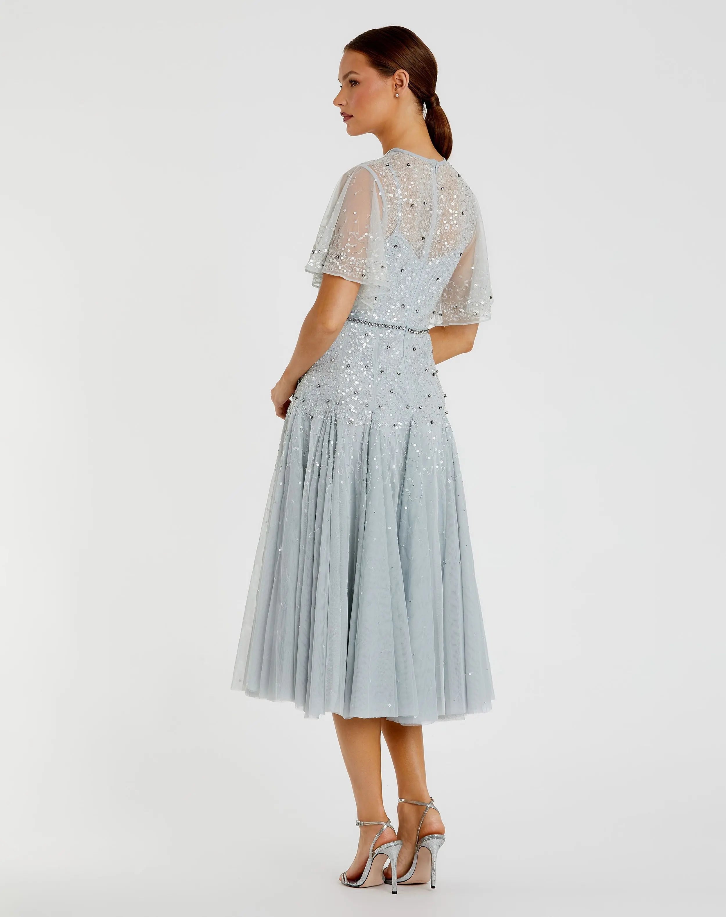 Blue Flutter Sleeve Beaded Tea Length Drop Waist Dress - FINAL SALE