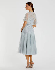 Blue Flutter Sleeve Beaded Tea Length Drop Waist Dress - FINAL SALE