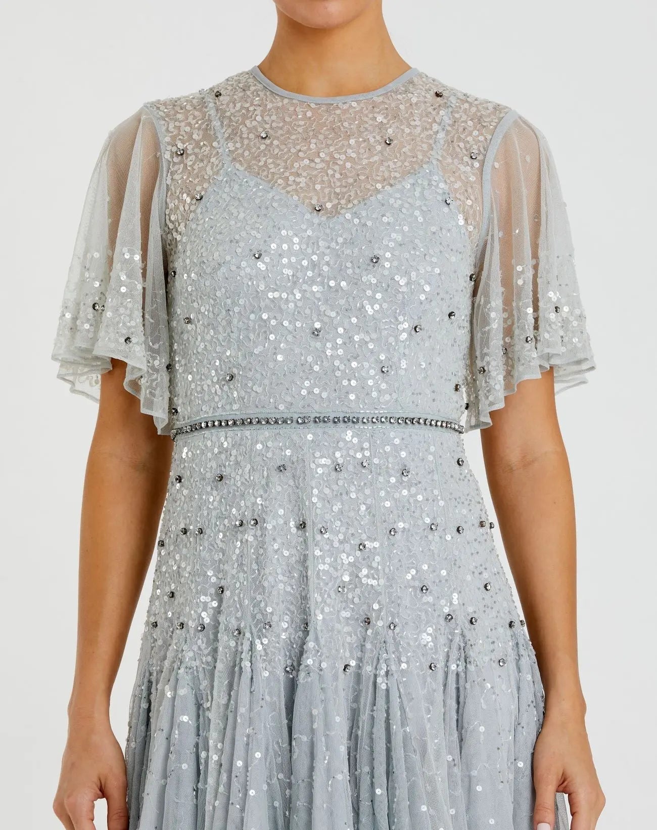 Blue Flutter Sleeve Beaded Tea Length Drop Waist Dress - FINAL SALE
