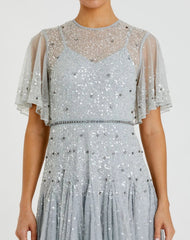 Blue Flutter Sleeve Beaded Tea Length Drop Waist Dress - FINAL SALE