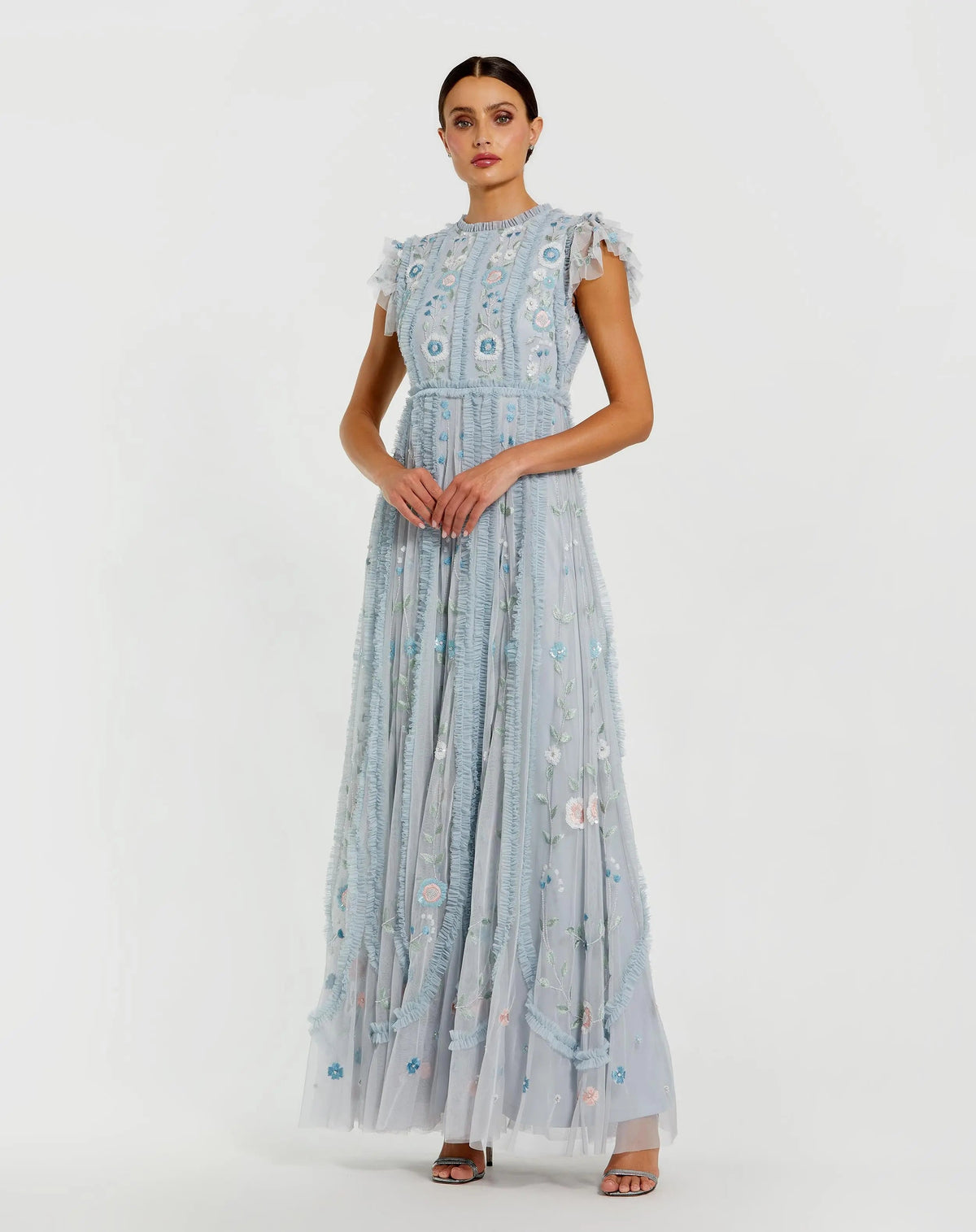 Blue Floral Embroidered Ruffle A Line Gown