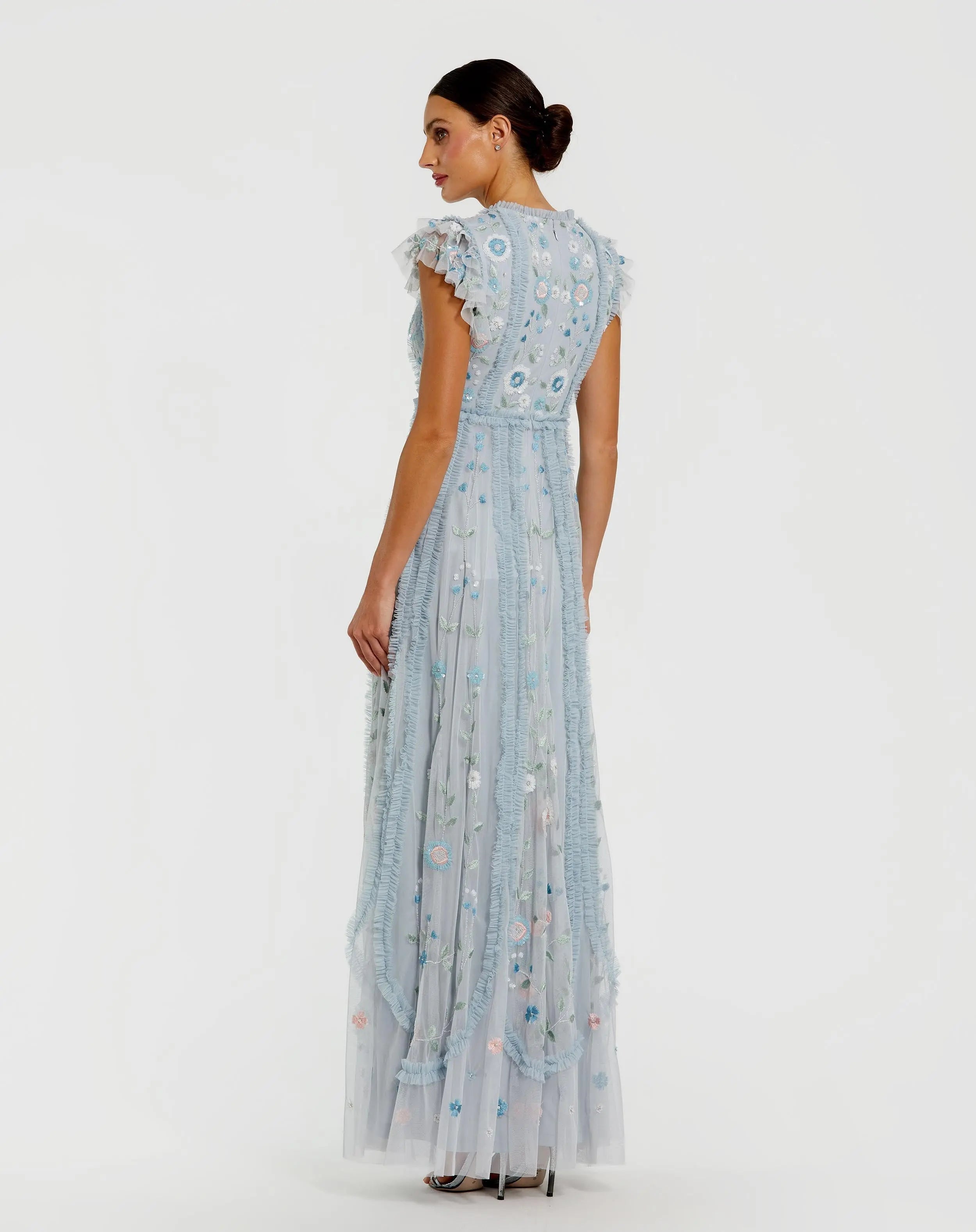 Blue Floral Embroidered Ruffle A Line Gown