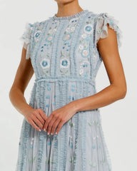 Blue Floral Embroidered Ruffle A Line Gown