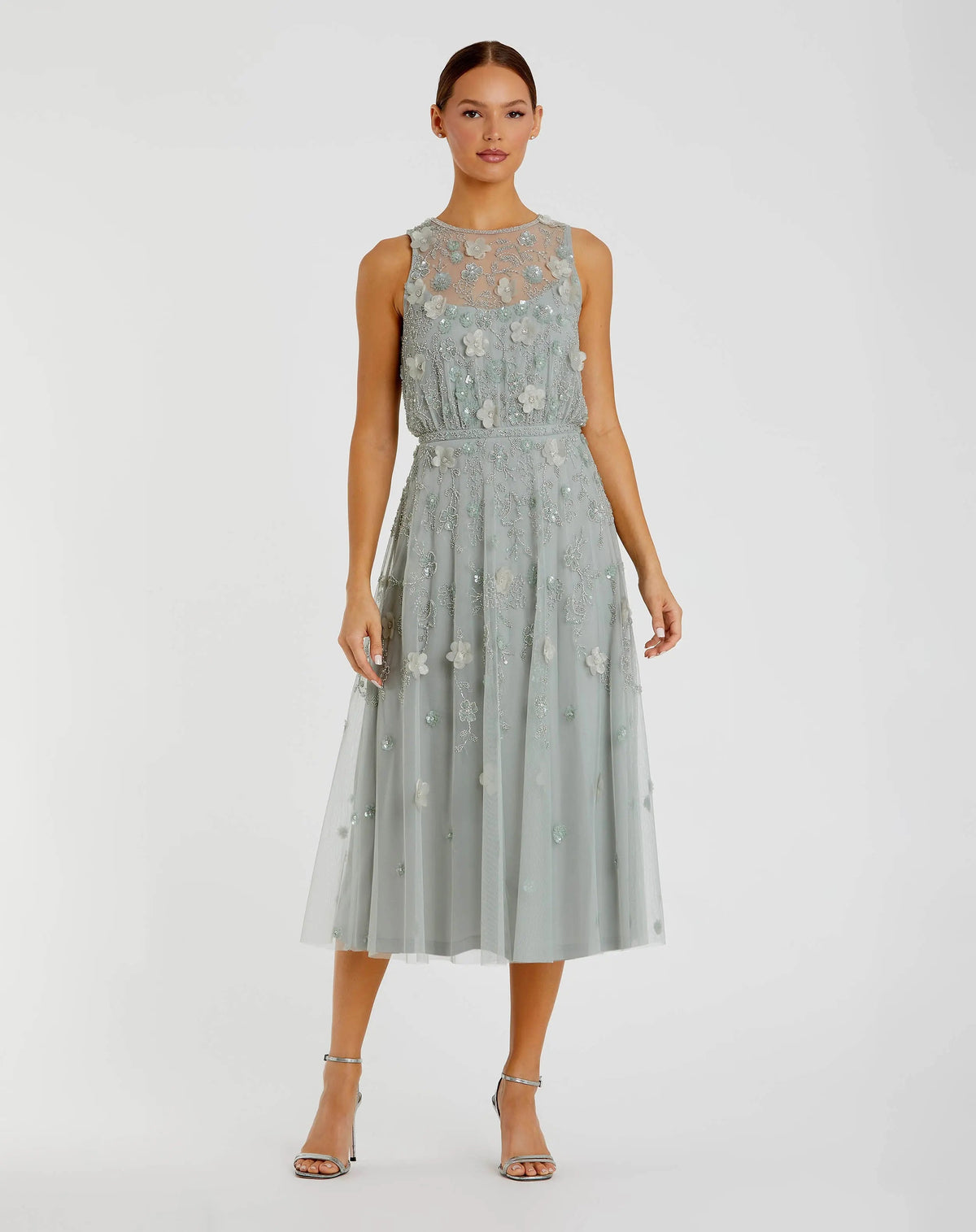 Green Floral Embellished Sleeveless Midi Dress