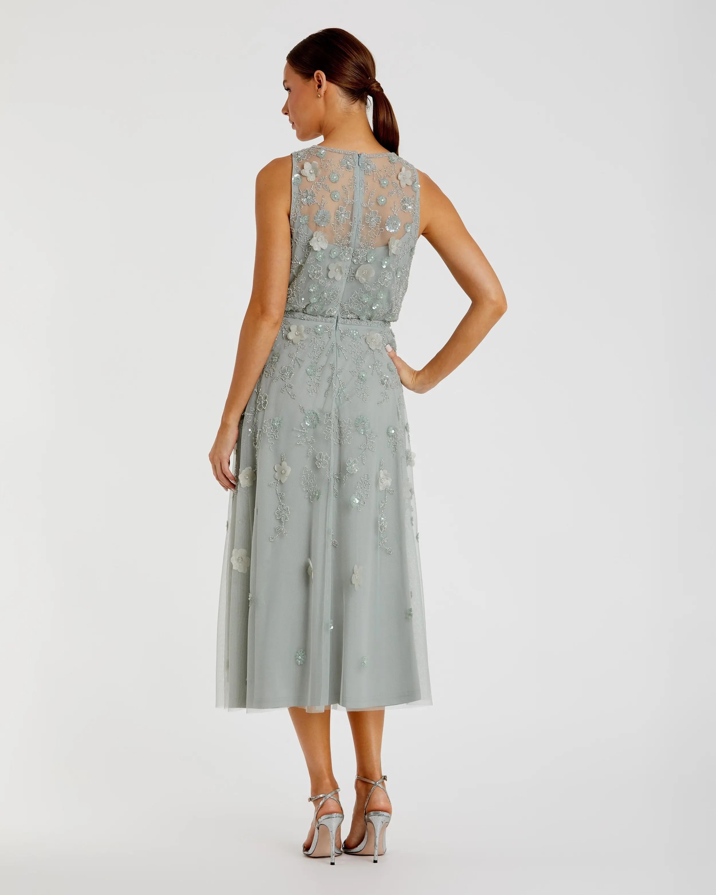 Green Floral Embellished Sleeveless Midi Dress