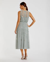 Green Floral Embellished Sleeveless Midi Dress