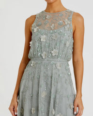 Green Floral Embellished Sleeveless Midi Dress