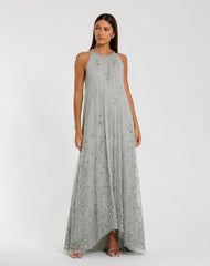 Green High Neck Floral Embellished Trapeze Gown