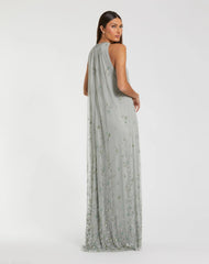 Green High Neck Floral Embellished Trapeze Gown