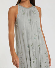 Green High Neck Floral Embellished Trapeze Gown
