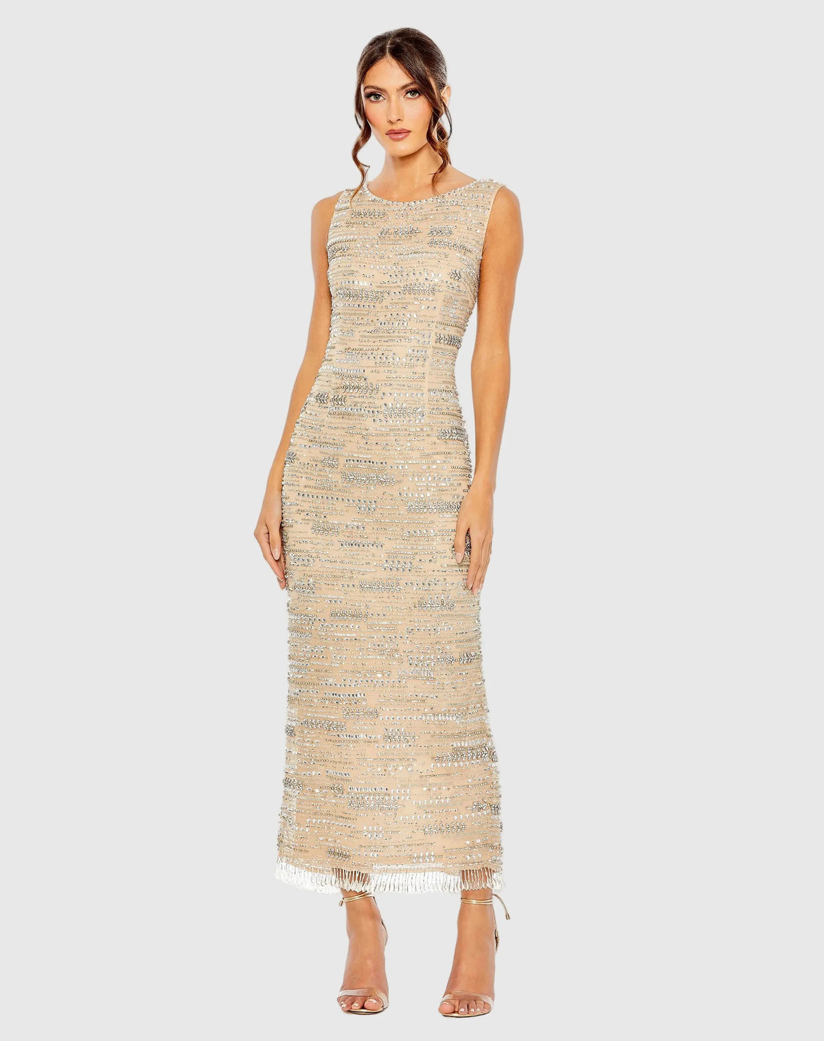 Beige Sleeveless Embellished Dress With Fringe Hem