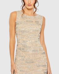 Beige Sleeveless Embellished Dress With Fringe Hem