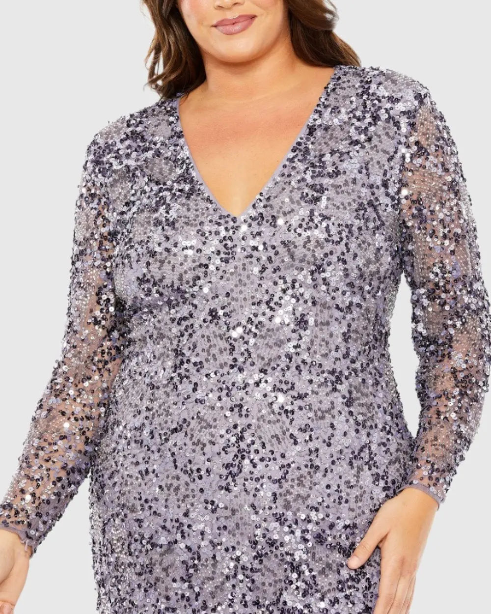 Purple V Neck Embellished Long Sleeve Gown