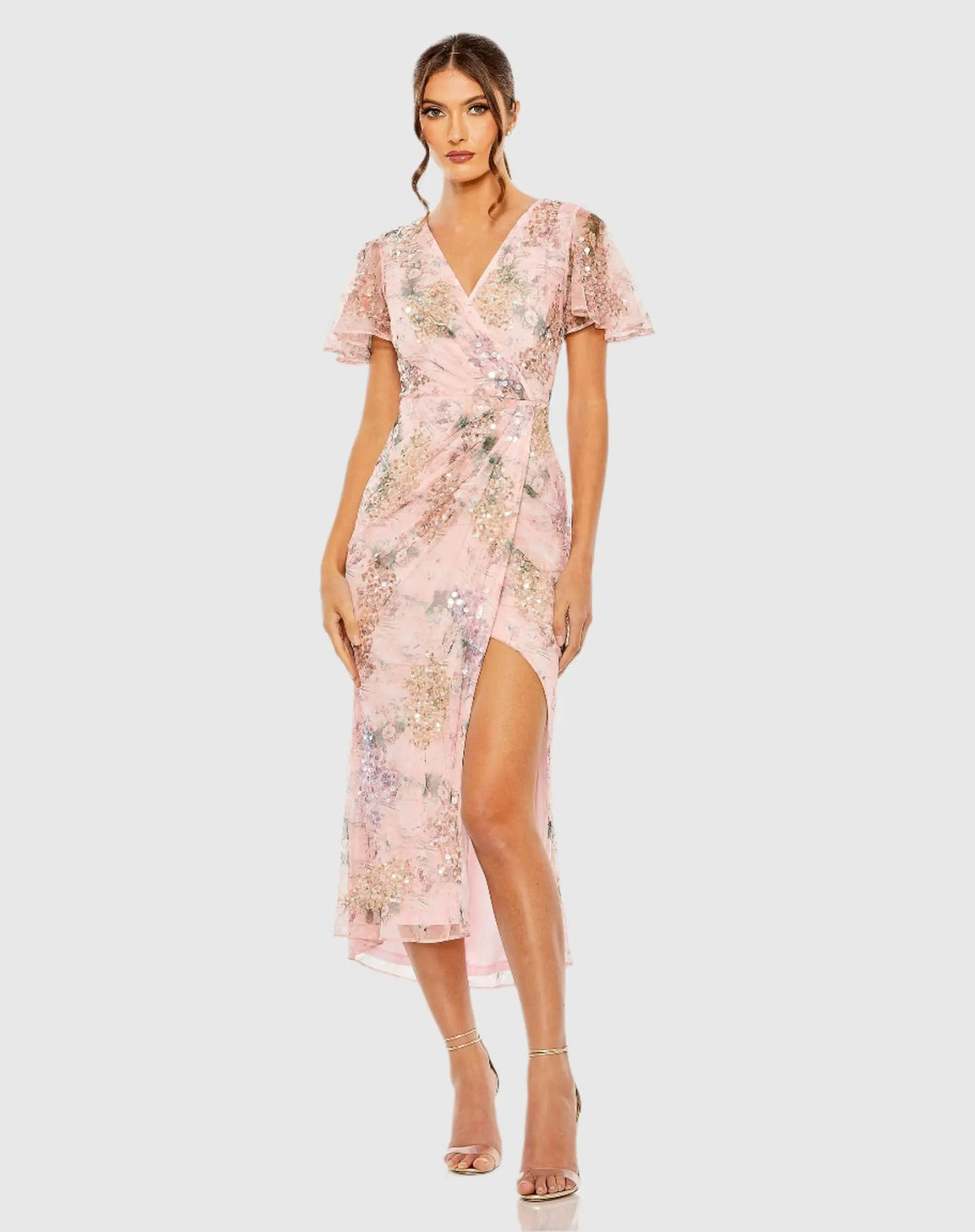 Embellished Floral Flutter Sleeve Midi Dress
