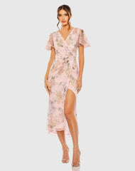 Embellished Floral Flutter Sleeve Midi Dress