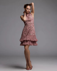 Pink High Neck Sleeveless Beaded Dress With Ruffled Hem