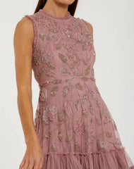 Pink High Neck Sleeveless Beaded Dress With Ruffled Hem
