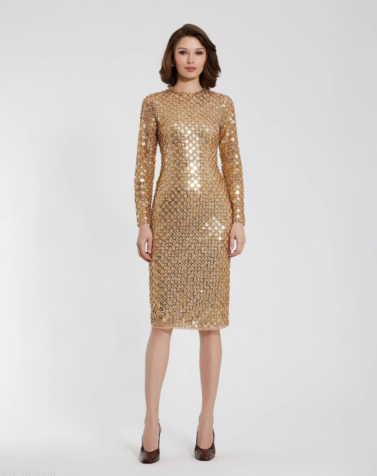 Gold Beaded Georgette Long Sleeve Fitted Midi Dress - FINAL SALE