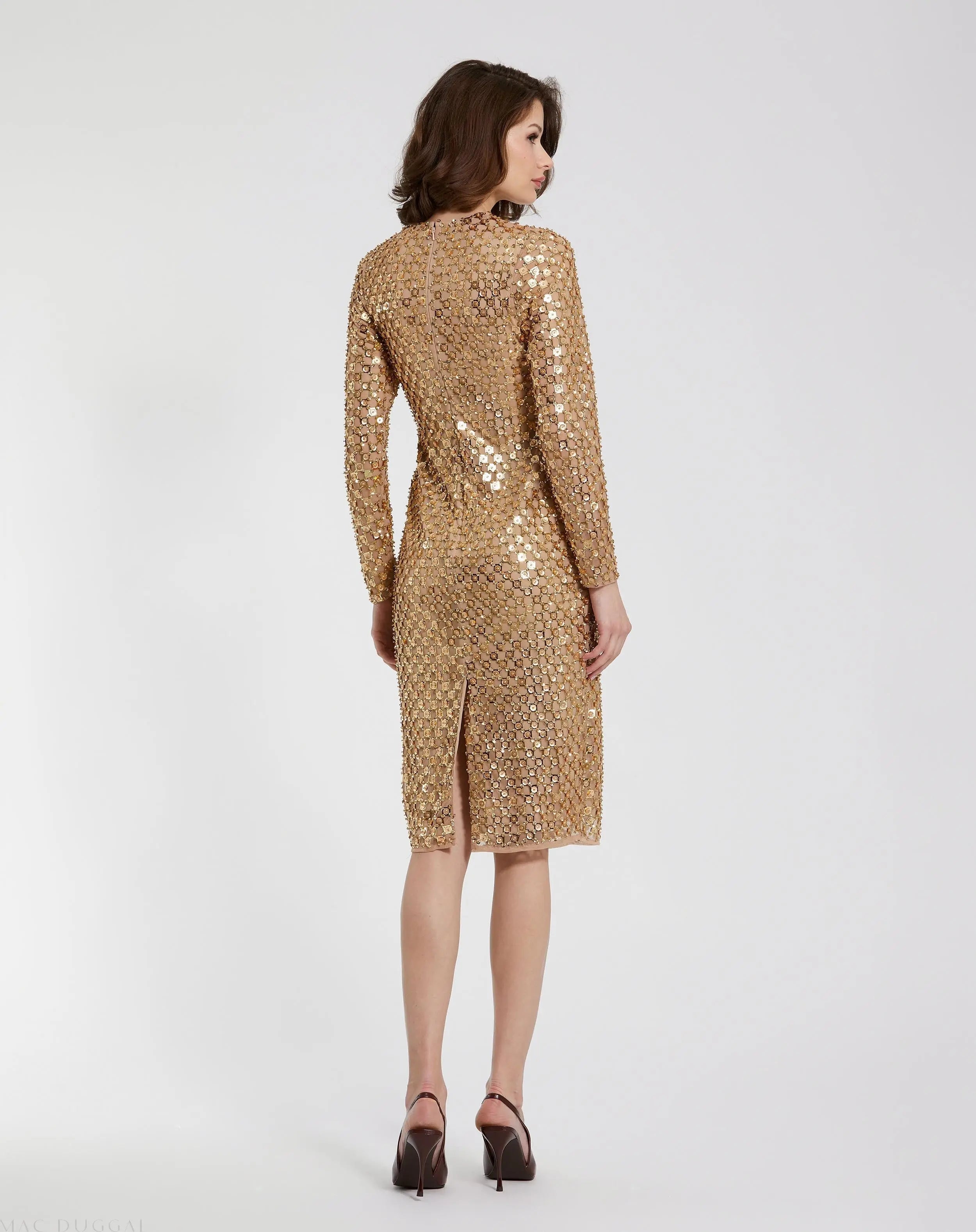 Gold Beaded Georgette Long Sleeve Fitted Midi Dress - FINAL SALE