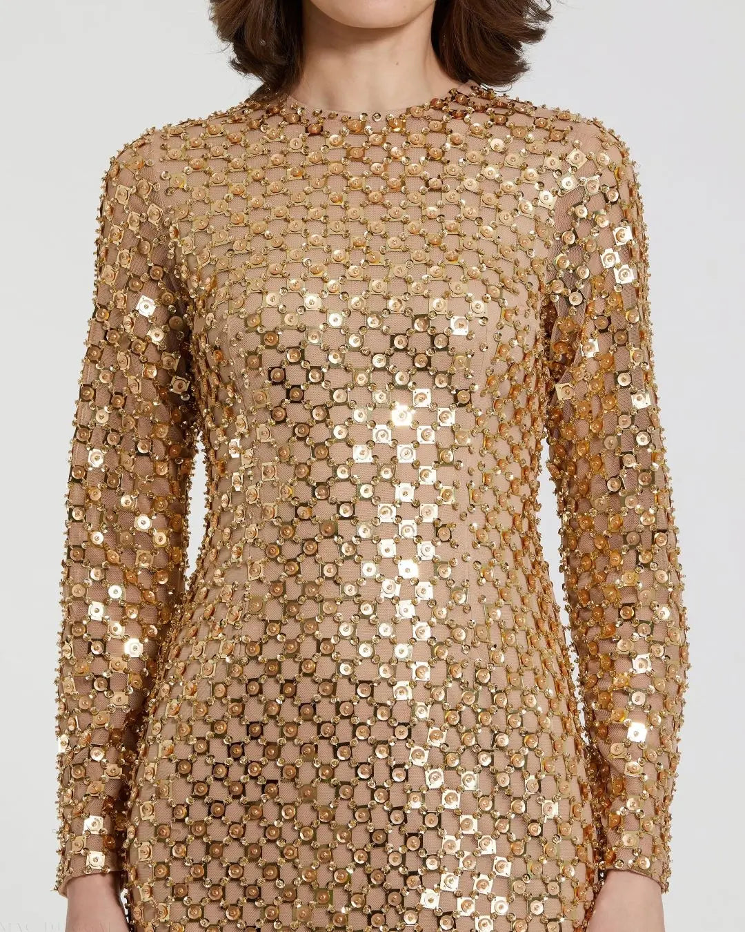 Gold Beaded Georgette Long Sleeve Fitted Midi Dress - FINAL SALE
