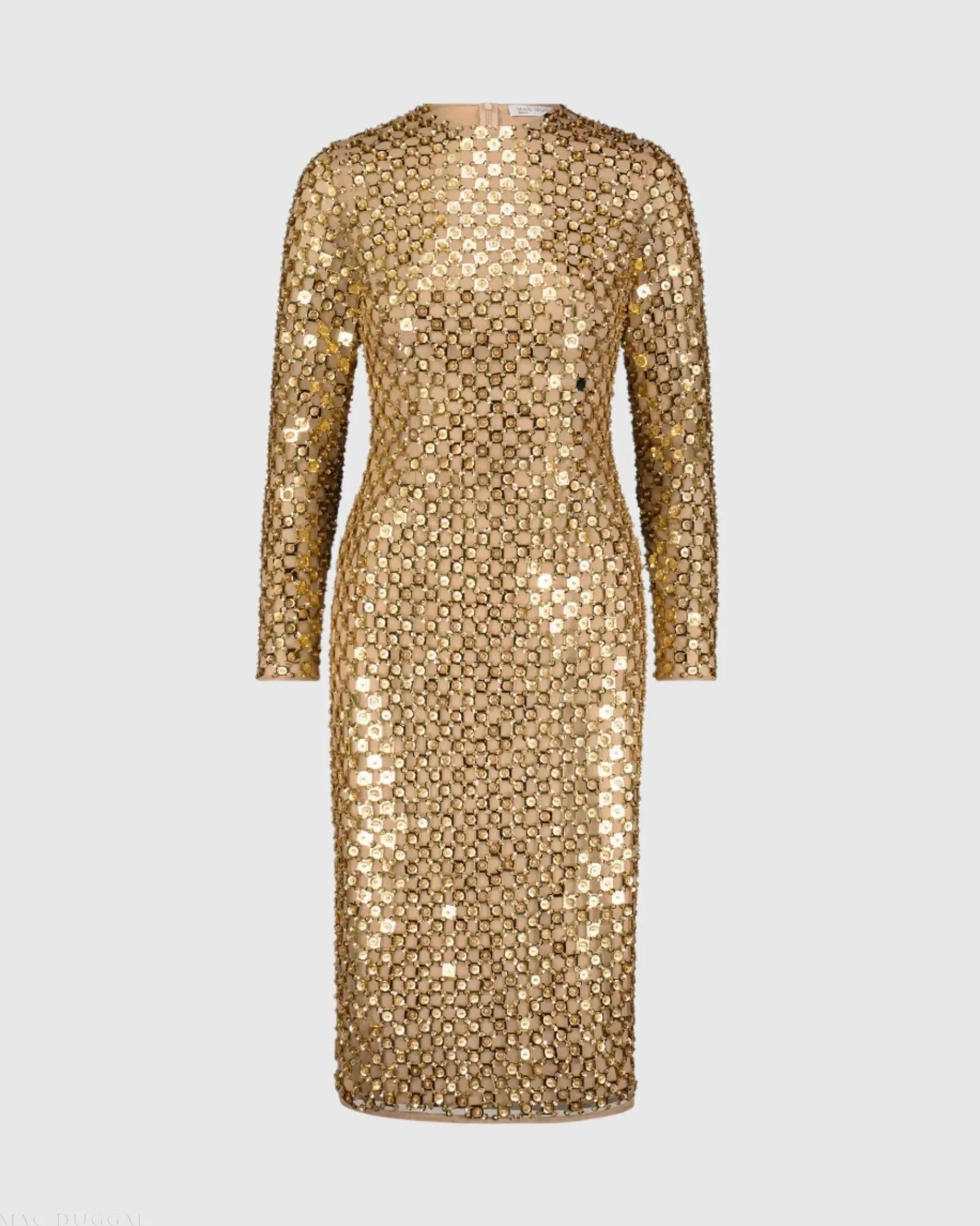 Gold Beaded Georgette Long Sleeve Fitted Midi Dress - FINAL SALE