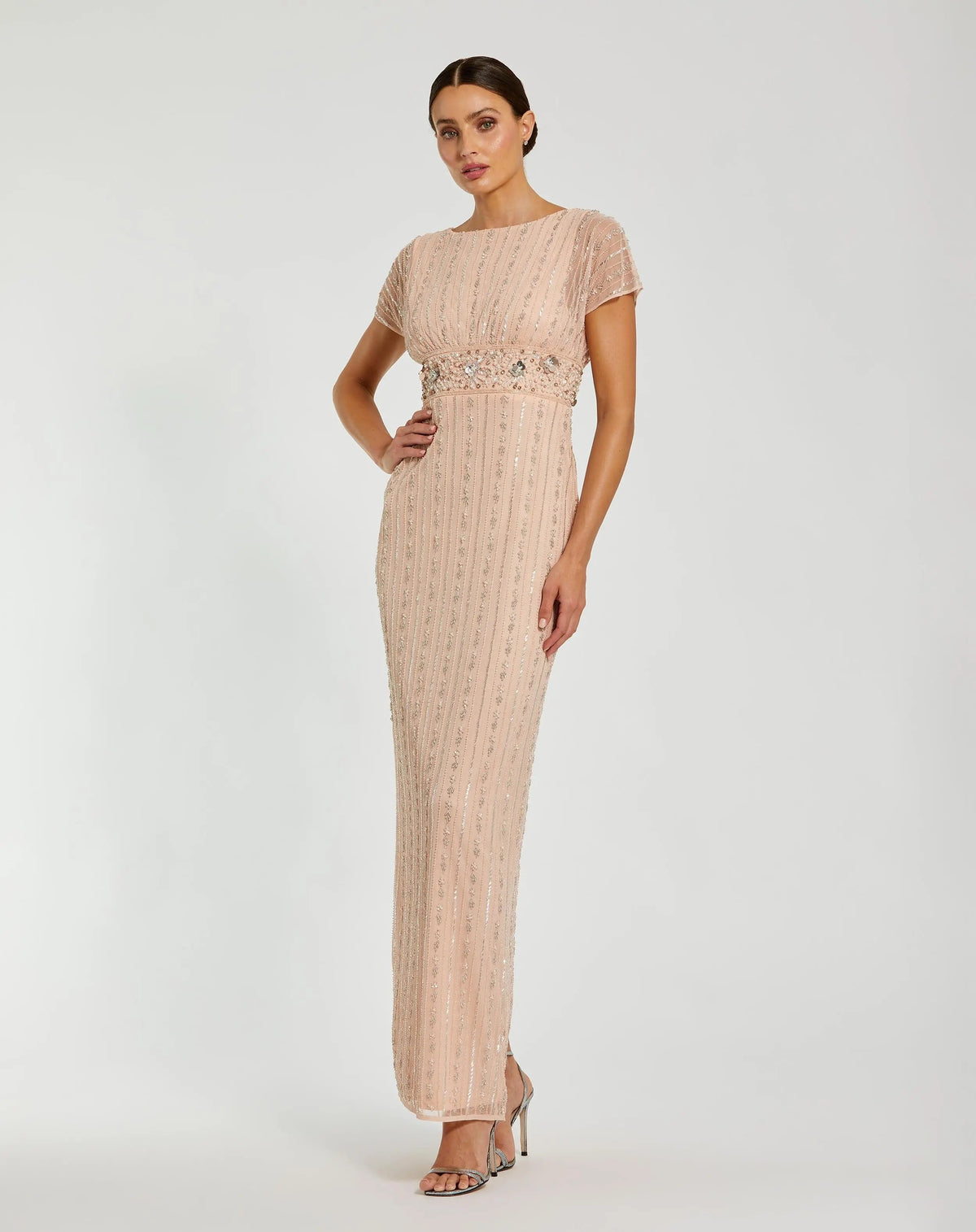Light Pink Beaded Blouson Column Gown