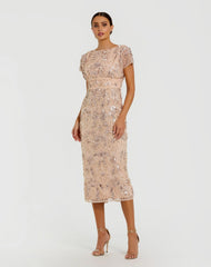 Pink Embellished Cap Sleeve Midi Dress