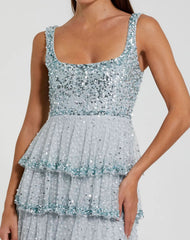 Blue Square Neck Embellished Ruffle Maxi Dress