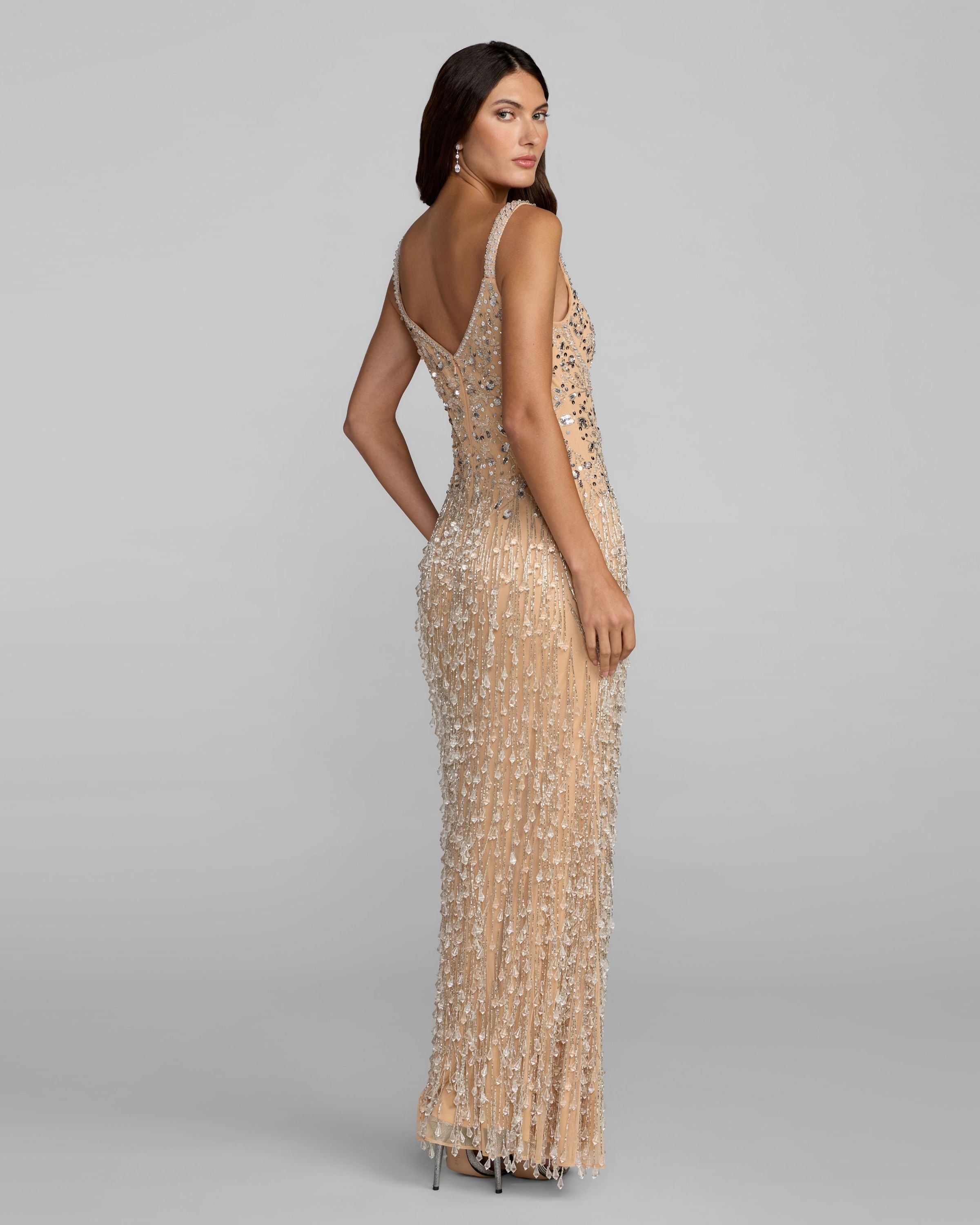 Beige Beaded Fringe Column Gown With Slit