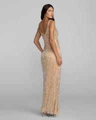 Beige Beaded Fringe Column Gown With Slit