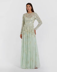 Green Pearl Embellished Long Sleeve Gown