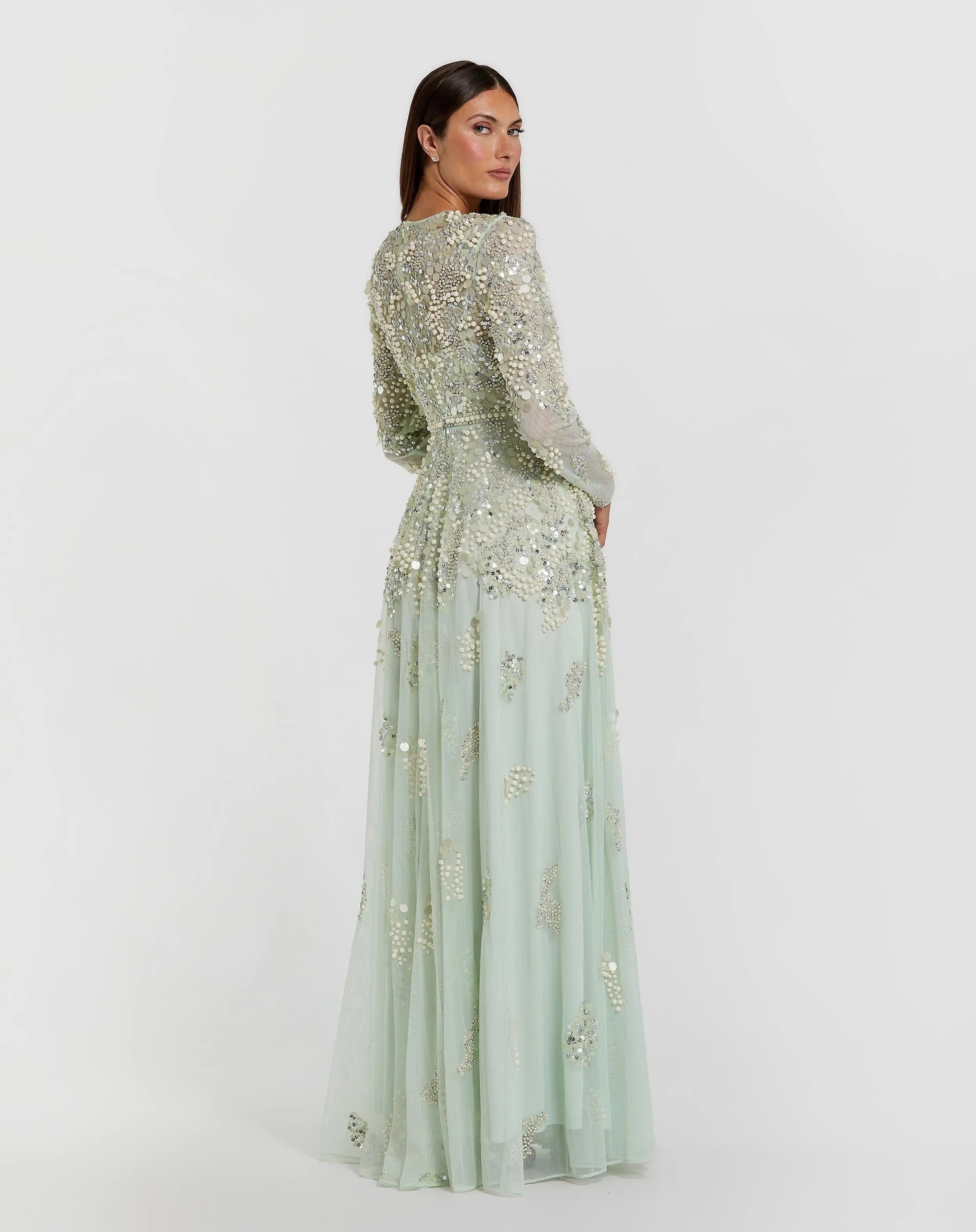 Green Pearl Embellished Long Sleeve Gown