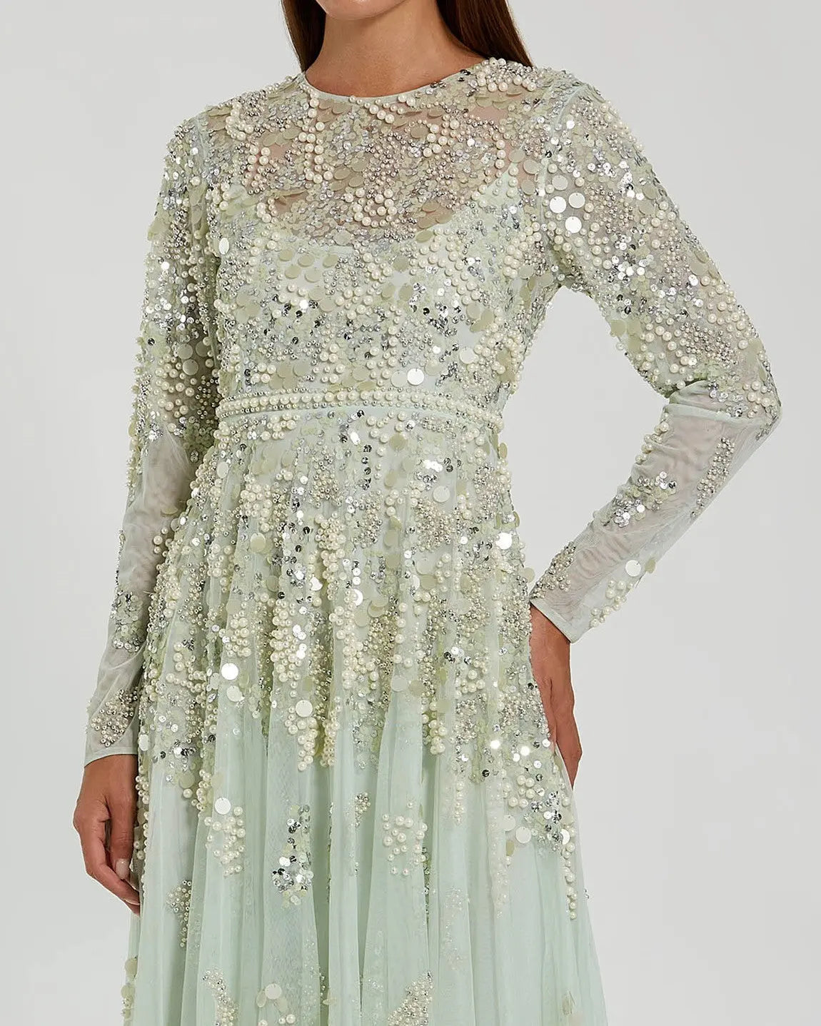 Green Pearl Embellished Long Sleeve Gown