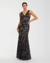 Black Embellished Floral Sleeveless V-Back Gown