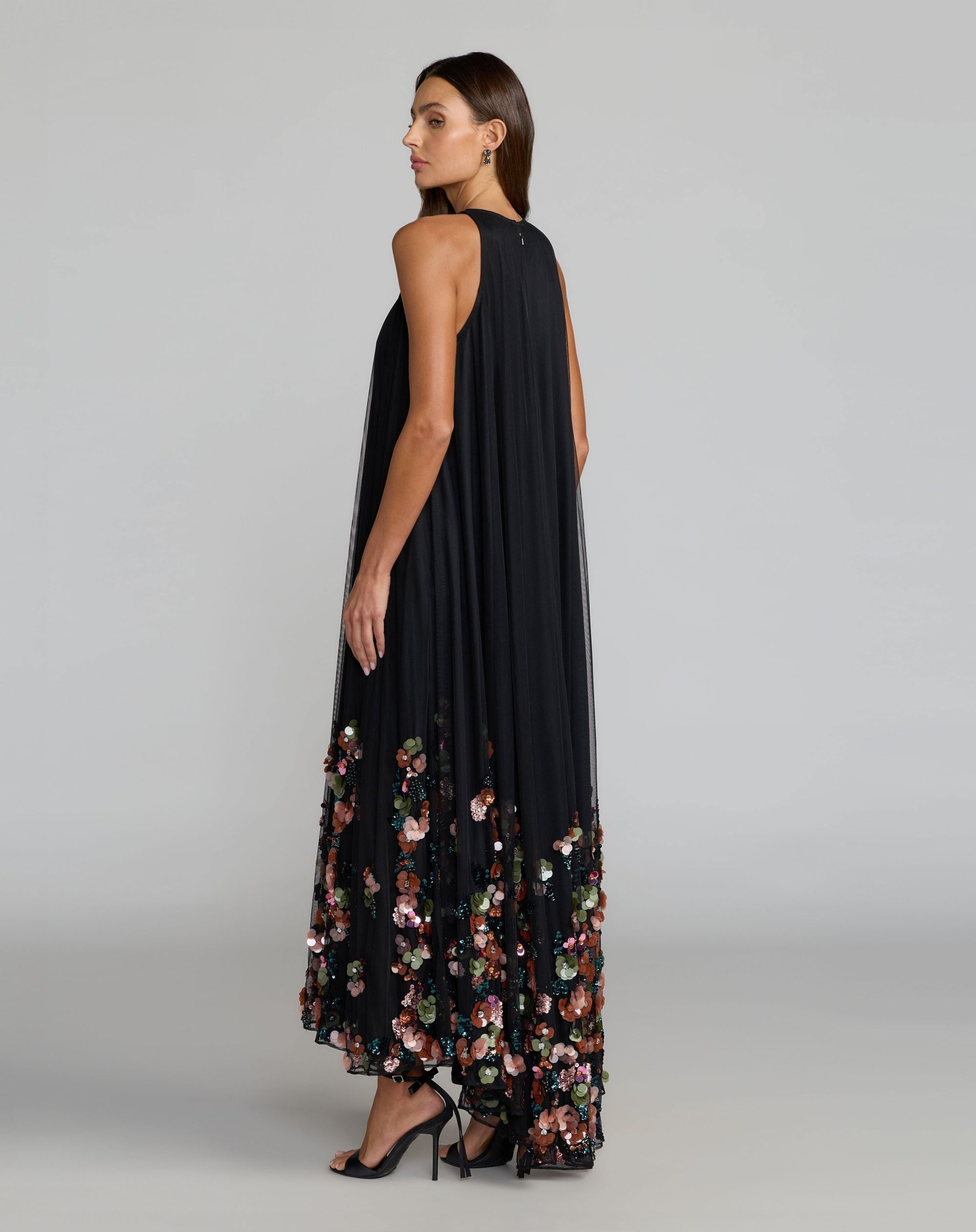 Black Sequin Embellished Sleeveless High Low Gown