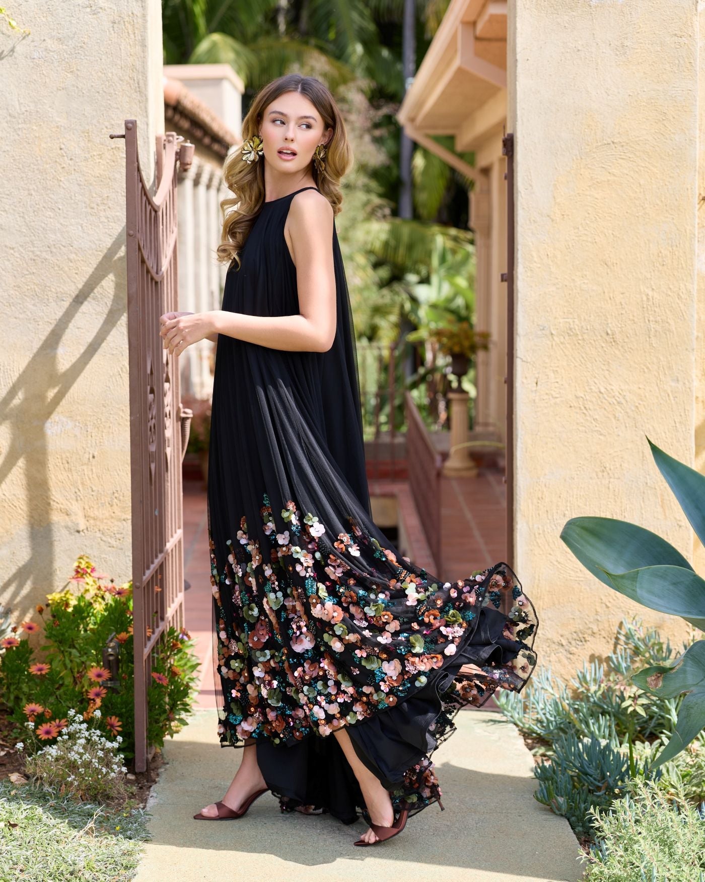 Black Sequin Embellished Sleeveless High Low Gown
