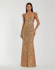 Gold Sequin Flutter Sleeve Trumpet Gown