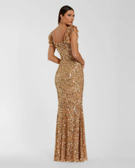 Gold Sequin Flutter Sleeve Trumpet Gown