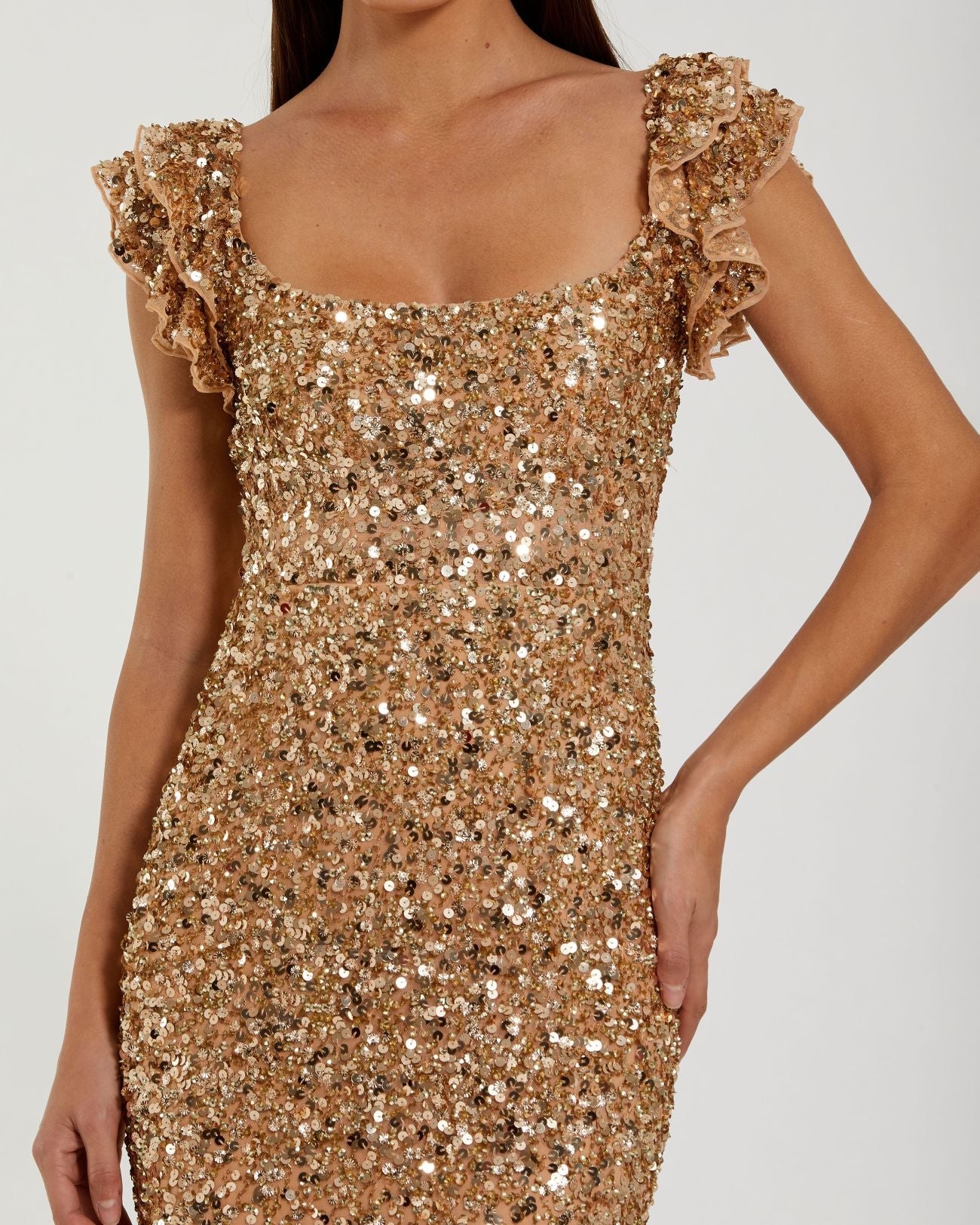 Gold Sequin Flutter Sleeve Trumpet Gown