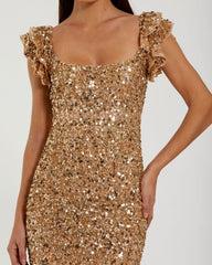Gold Sequin Flutter Sleeve Trumpet Gown